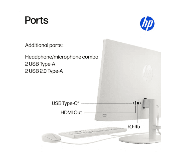 HP 21.5" FHD All-in-One Laptop Desktop Computer, Intel Quad-Core Processor, 16GB RAM 640GB Storage (128GB SSD+512GB External), Windows 11, Wired Keyboard & Mouse, PLUSERA Earphones, Cashmere White