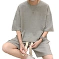 thumbnail image 2 of Conjunto de 2 piezas de verano para hombre, camisas y pantalones cortos de manga corta de punto gofre, chándal informal elegante para uso diario en la calle al aire libre, gris claro L, 2 of 8