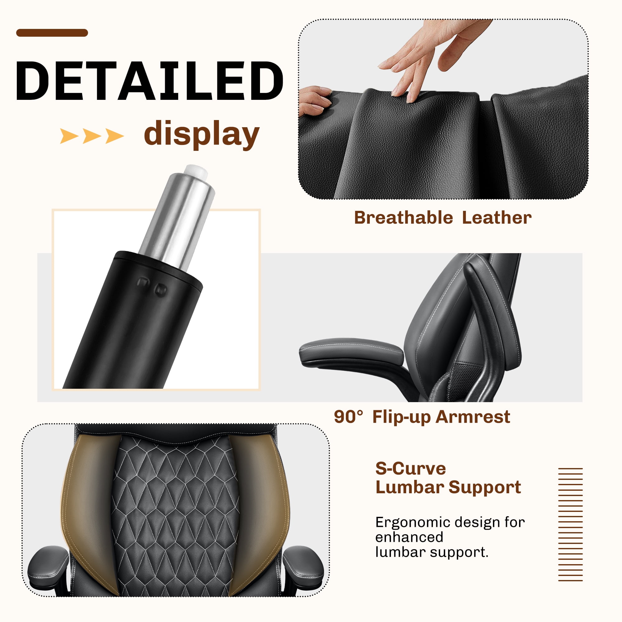 FASTES Office Chair, Ergonomic Computer Desk Chair with Rocking Function, Big and Tall Leather Office Chair with Adjustable Flip-up Armrests and Lumbar Support, Black