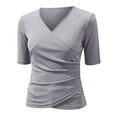 thumbnail image 4 of WTXUE Women's V Neck Tops Slim Fitted T-Shirt Front Wrap Ruched Short Sleeve Tee Shirts Trendy Tight Tank Tops Business Casual Work Blouses Going Out Tops Summer Tops Grey M, 4 of 7