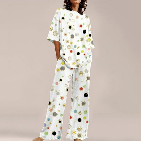 Hamky Womens Pajama Sets Pajama Sets for Women 2 Piece Women Suitable Summer O Neck Loose Short Sleeve Floral Print Top Shirt With Pants Large Size 2 Set Pj Sets Fall Pajamas White L