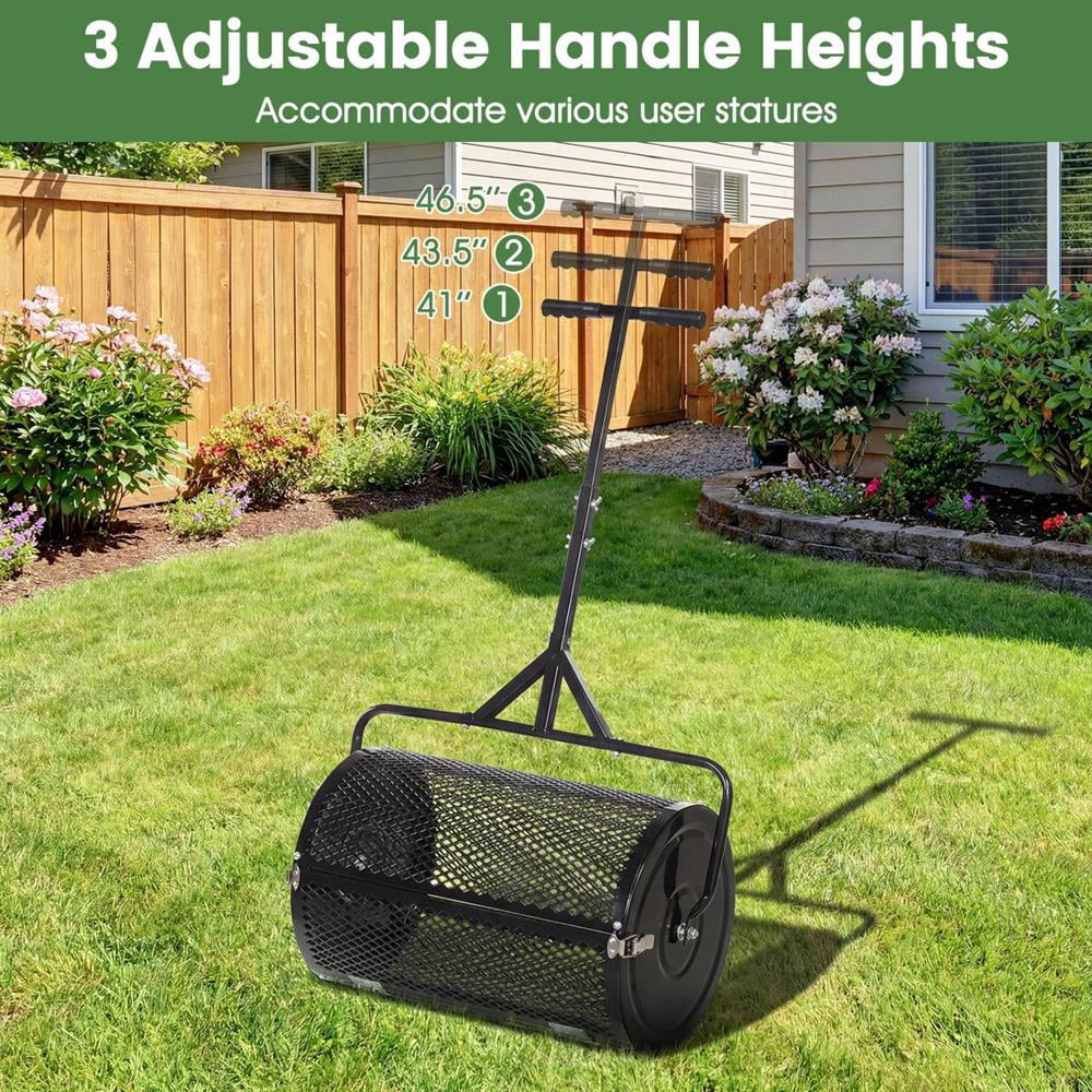 Topcobee 24 Inch Compost Spreader Peat Moss Spreader Roller with Height-Adjustable T-Shaped Handle, Garden Spreaders for Lawns-Black