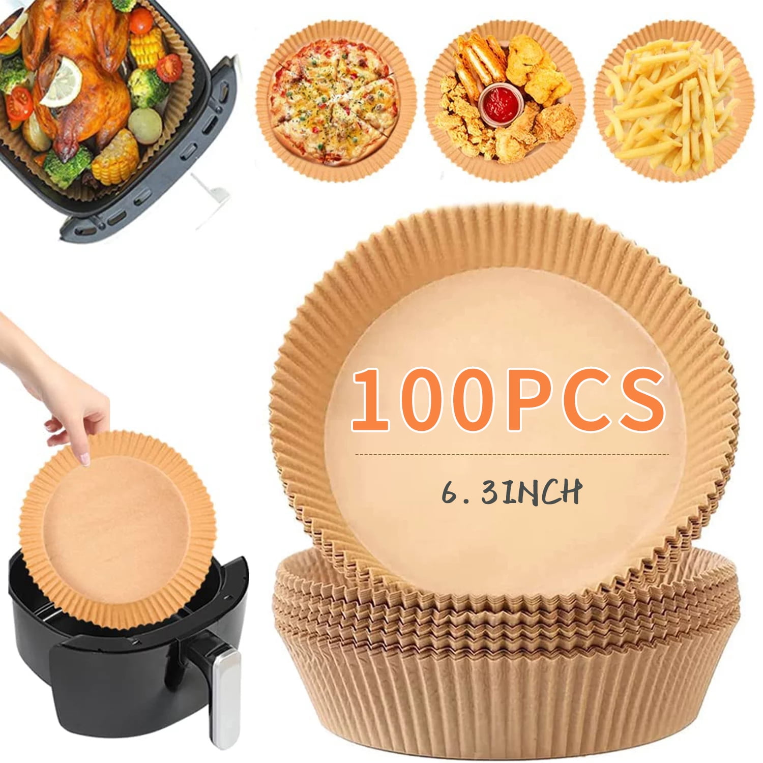 Walensee Air Fryer Liners Non-Stick, Clean Hassle-Free Baking Paper,  100PCS-8 Inches Brown Round Bowl