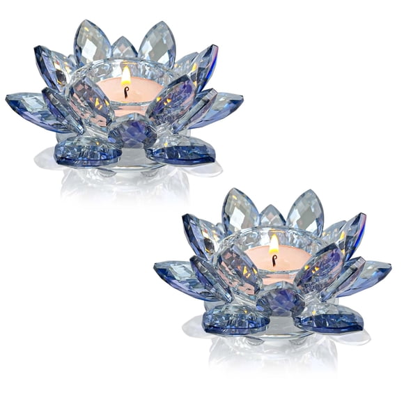 Portavelas Kolnlala Crystal con forma de flor de loto, color azul, 2 unidades
