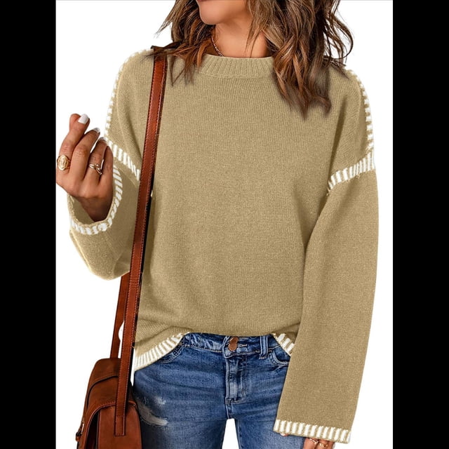 Suéteres para Mujer, Cuello Redondo Liso, Corte Holgado, Larga, Punto en Contraste, Jersey, Tops Caqui XL