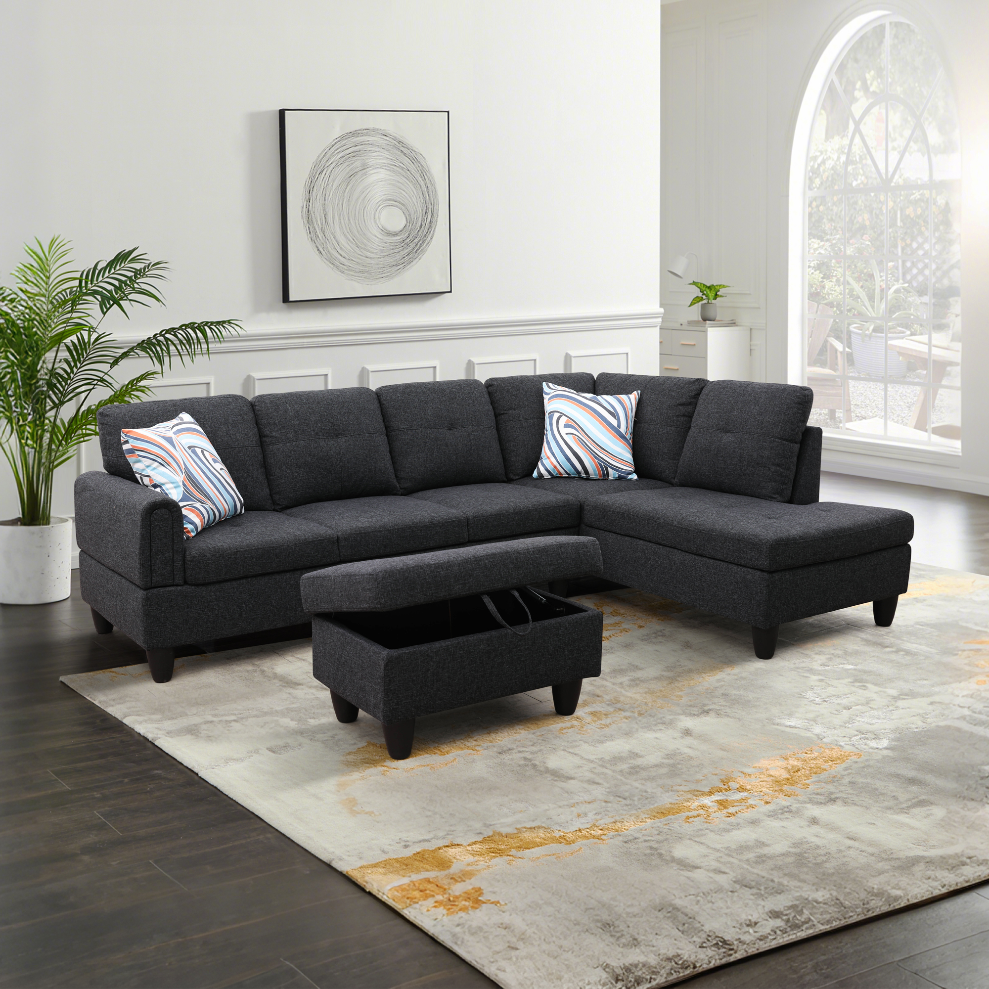 Prilinex L Shaped Couch Sectional Couches with Chaise and Storage Ottoman, 3 Pieces Modern Linen Sofa for Living Room Furniture Sets and Small Apartment, Black Grey
