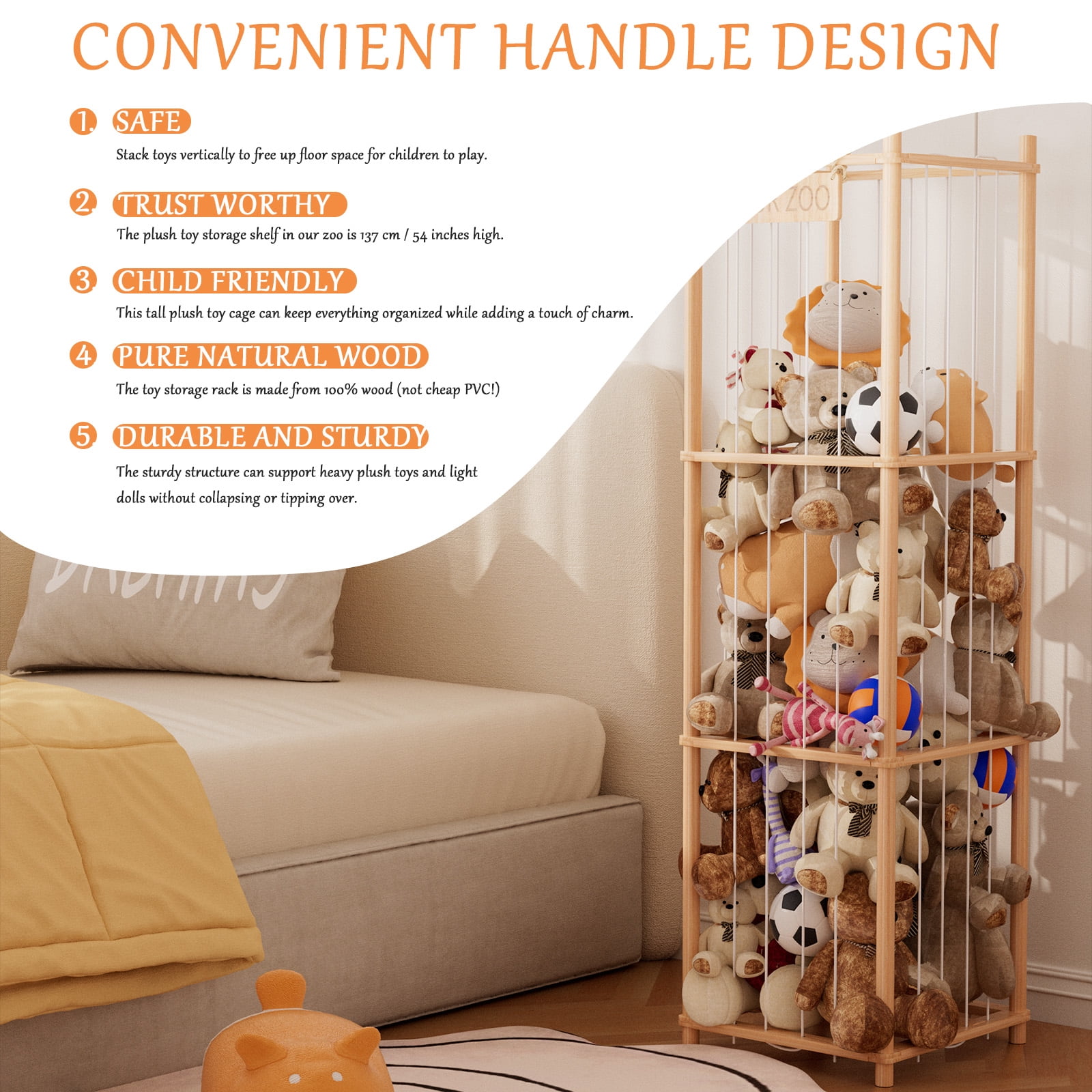 Stuffed Animal Storage Organizer, Wood Animals Zoo Toy Plushies Storage Holder, Large Capacity Plush Toy Cage for Playroom Organization, 15.7" Wide, Natural