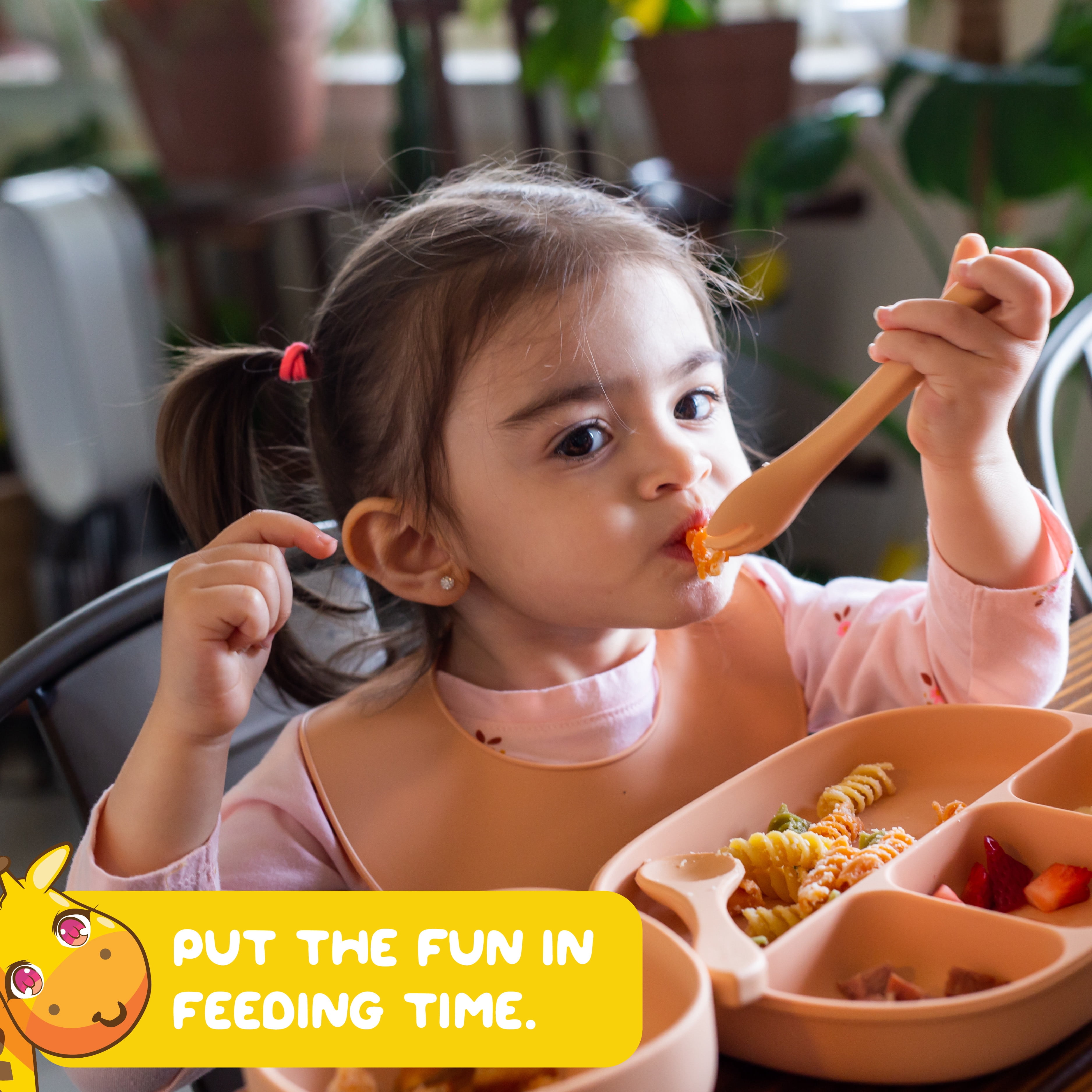 Muqee Peeko Feeding Supplies for Toddlers Silicone with suction - 7 Piece Set in Baby Apricot Color - Baby feeding spoon plate and bowl for first stage with suction