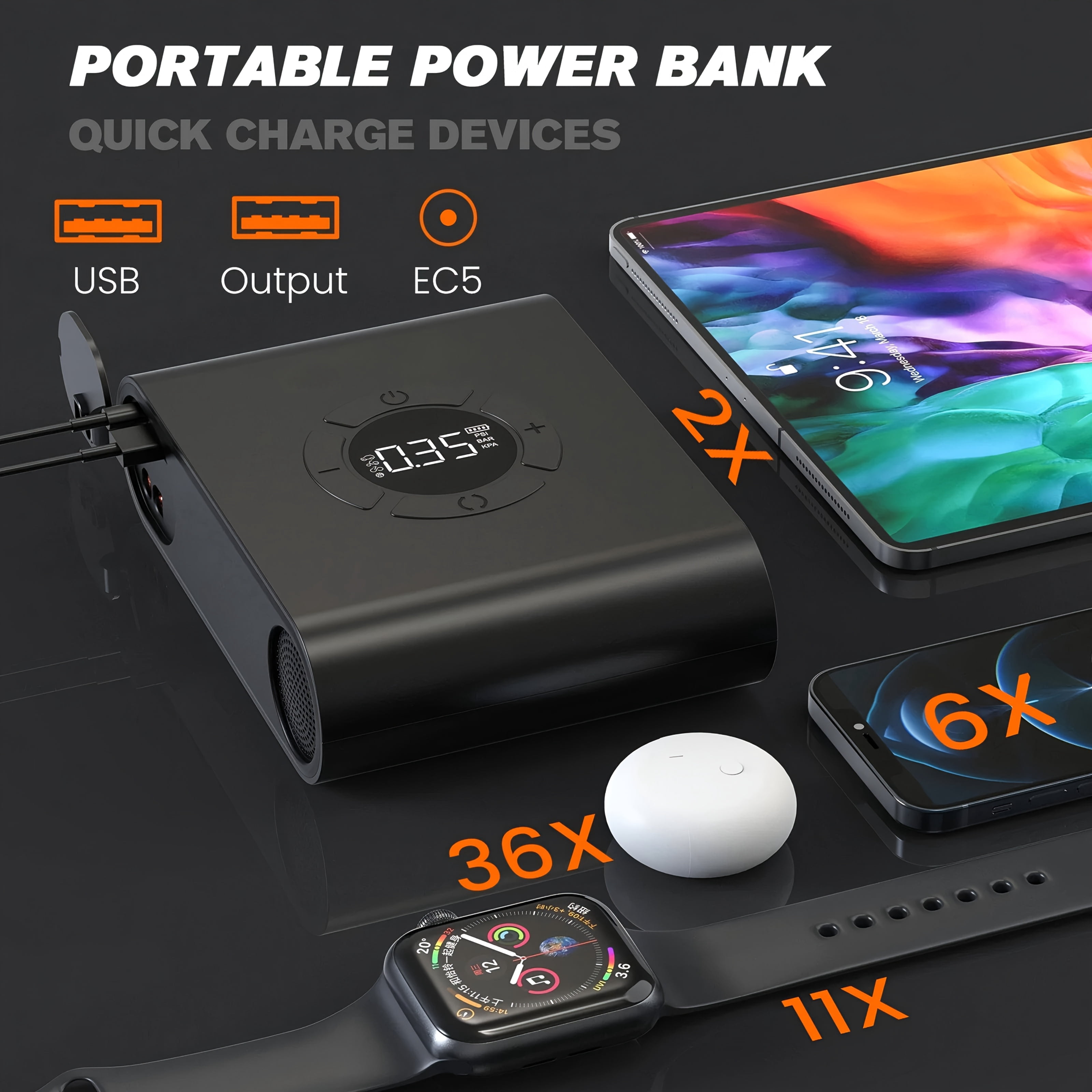 Tire Inflator Air Compressor - Rechargeable Lithium Ion Battery Air Pump with Adapter, Suitable for Car, Bicycle Balls and Usb Chargers, Suitable for Smartphones, Etc