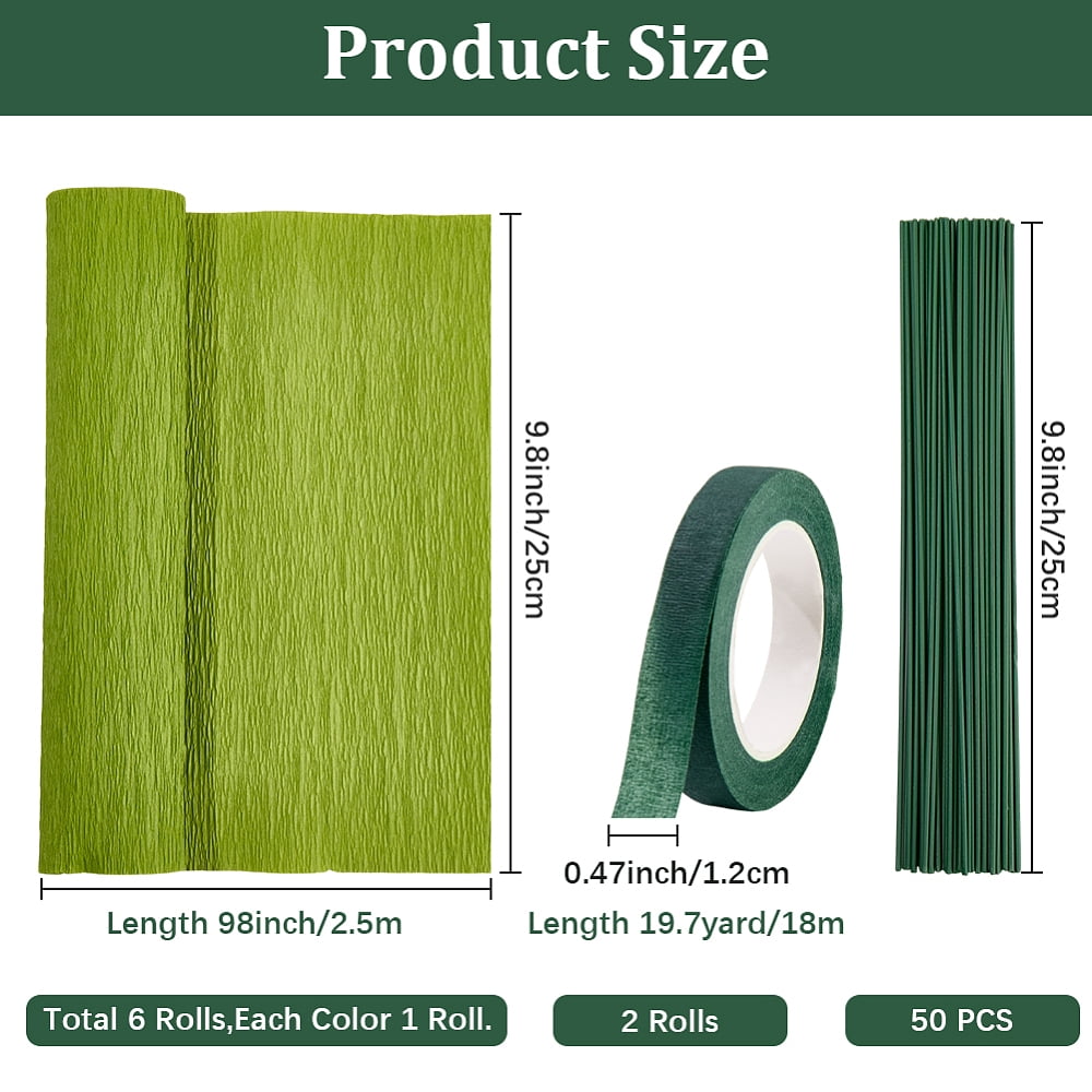 6 Rolls 6 Colors Handmade Crepe Paper with 2 Rolls Garden Grafting Paper Tape and 50Pcs Plastic with Iron Floral Stem 2500x250x0.1mm