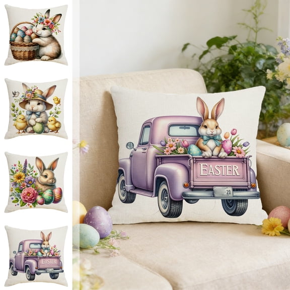Throw Pillow Covers 18x18, Easter Decorations Pillow Cases with Cartoon Bunny Patterns, Spring Decor for Bedroom Couch Cushion Cover, Multicolor