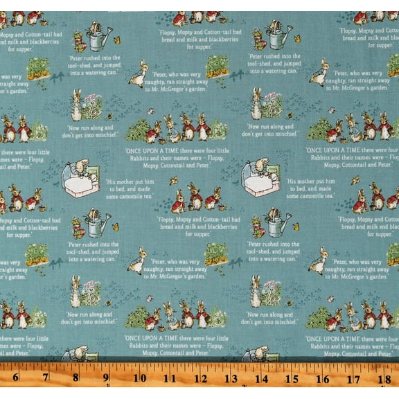 Cotton The Tales of Peter Rabbit Characters Quotes Words Writings Children Kids Books Reading Blue Cotton Fabric Print by the Yard (C14701-BLUE)