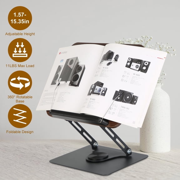 Foldable Book Stand for Reading w/ 360° Rotatable Base Dual Paper Clips, Adjustable Height Wood Book Holder Rack Paper Stand for Book Sheet Music Laptop Drawing Tablet
