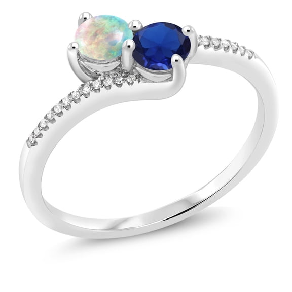 Gem Stone King 10K White Gold White Simulated Opal Blue Created Sapphire and Diamond Engagement Ring for Women (0.67 Cttw, Size 6)