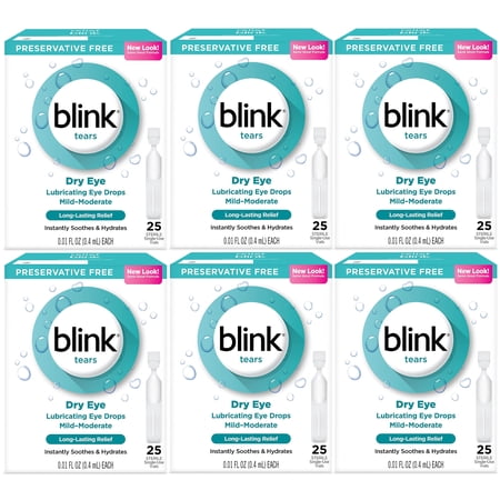 6 Pack - Blink Tears Dry Eye Lubricating Eye Drops Mild-Moderate 0.01 fl oz 25 Sterile Single-Use Vials