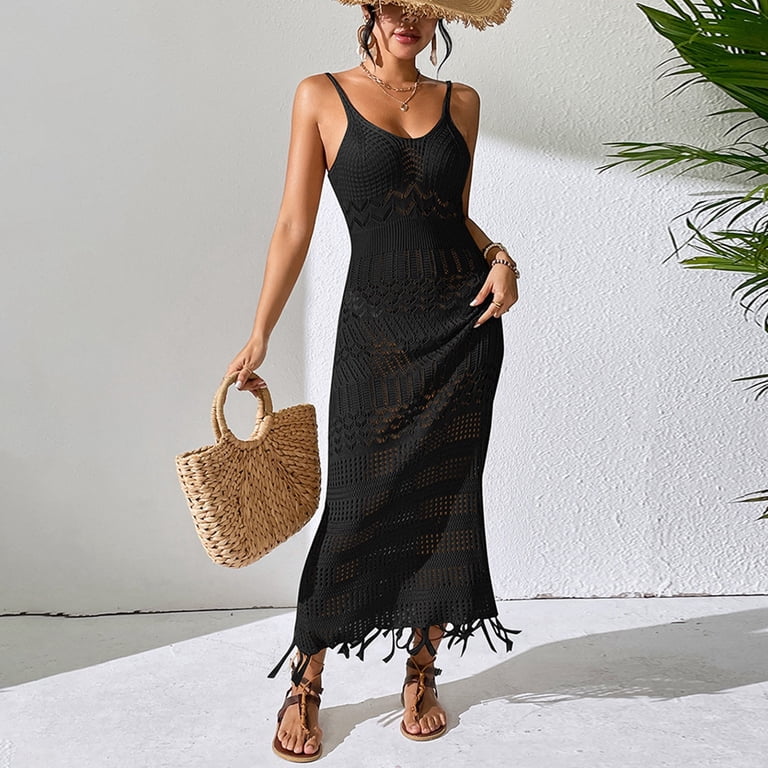 sexy beach vacation dress Womens Solid Color Knitted V-Neck Halter Maxi Slim Fit Bodycon Dress with Fringe Tassel Detail Princess Polly Adoration satin figure-flattering asymmetric dress SIZE:5 Material Composition