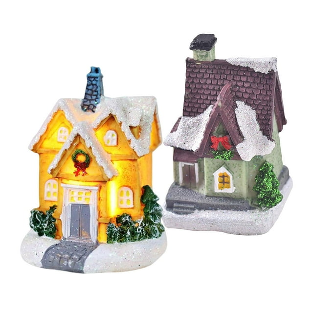 2 Uds Estatuas De Casa Iluminadas Adornos Luz Nieve Pueblo Estatuilla Estilo 3