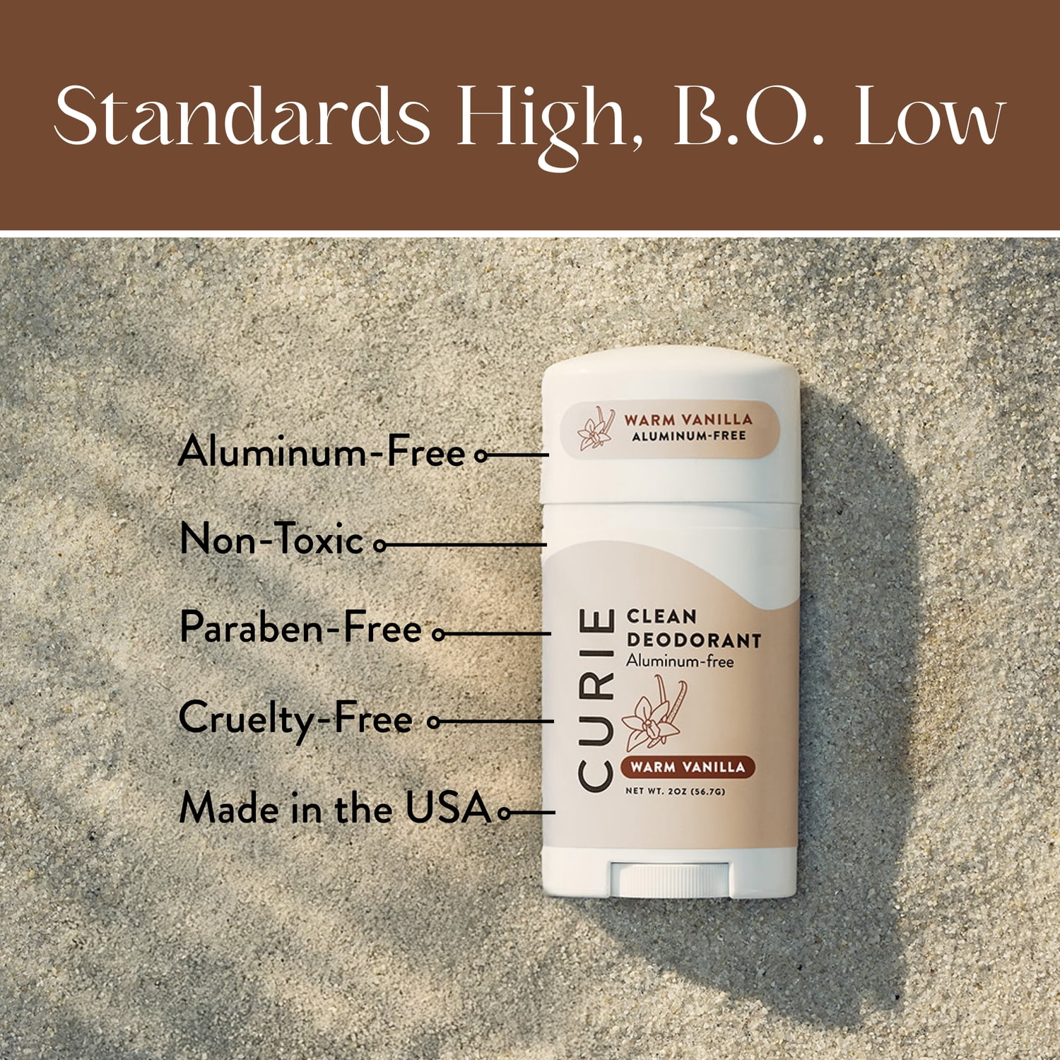 Curie Natural Deodorant Stick, Warm Vanilla, Aluminum-Free, for Men and Women, 2 oz