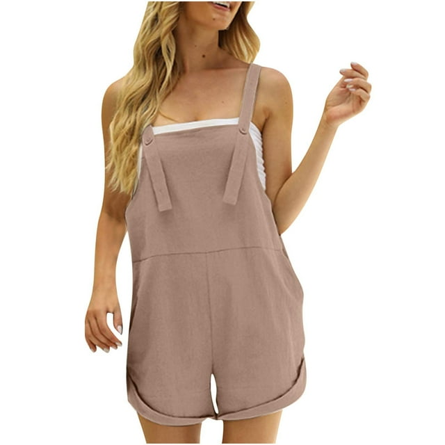 Timegard Womens Summer Rompers Short Cotton Linen Overalls Loose Jumpsuit with Pockets Beach Vacation
