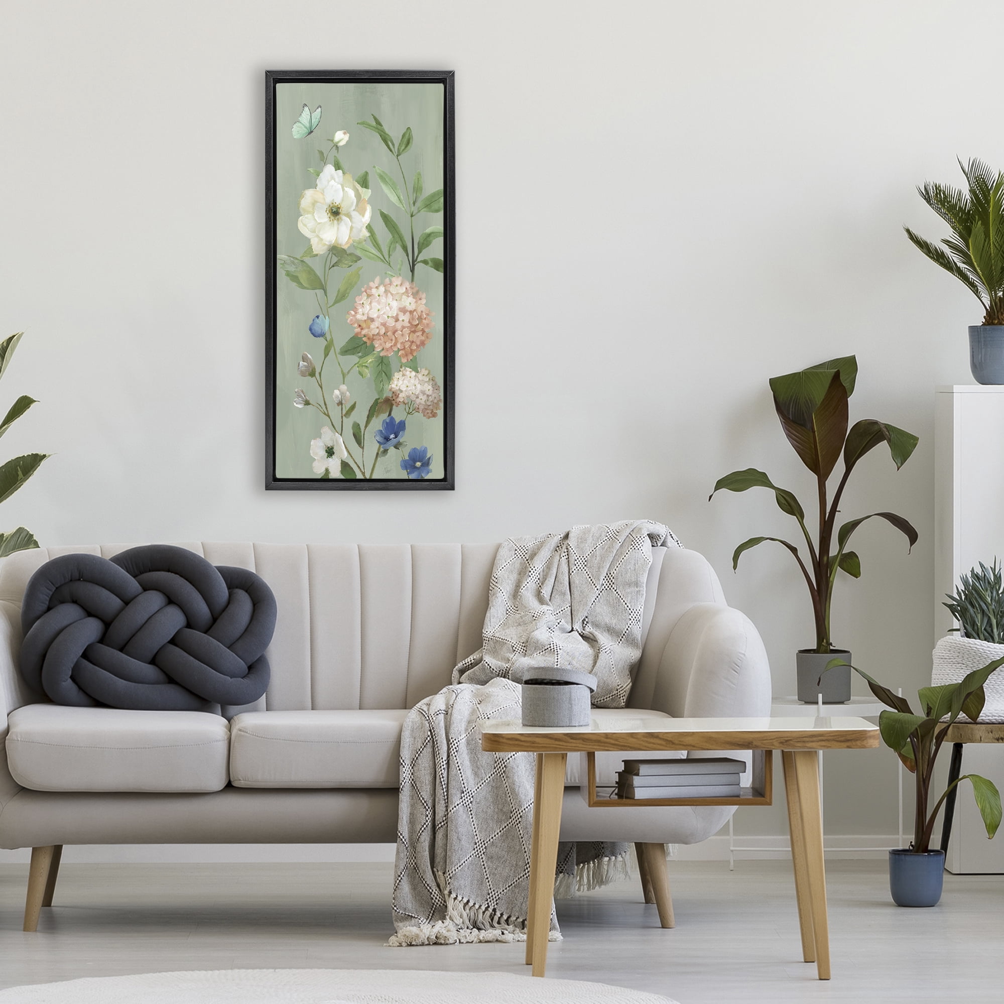 Stupell Industries Mint Floral Cluster & Butterfly Black Framed Floater Canvas Wall Art, design by Nan