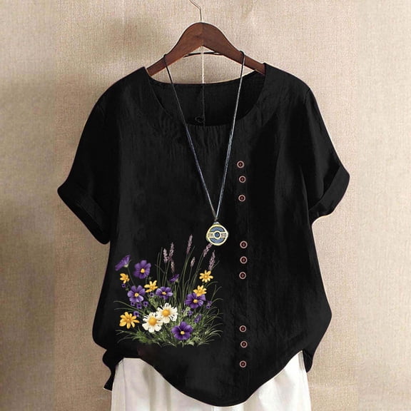 HOMBOM Womens Summer Tops Button Cotton Linen Black Loose Floral Short Sleeve Blouse for Women