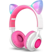 Riwbox CT-7 Bluetooth Kids Headphones Cat Ear LED Light Up Wireless Foldable Headphones Over Ear with Microphone and Volume Control for iPhone/iPad/Smartphones/Laptop/PC/TV (White&Pink)