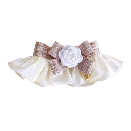 Adjustable Pet Scarf Accessories Neck Strap Dog saliva towel Pearl Collar Lace Bowknot Puppy String Bib Dog Neckerchief BEIGE M