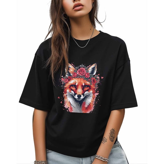 T Shirts for Women Short Sleeve Cotton Crewneck T-Shirt, Animals Red Fox Rose Crown Tee Tops Casual Basic T-Shirts, XS-5XL Black S