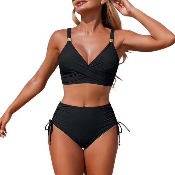 QURATI Swimwear Womens High Waisted Bikini Sets Swimsuits Crisscross Tie Back Bathing Suit Black L