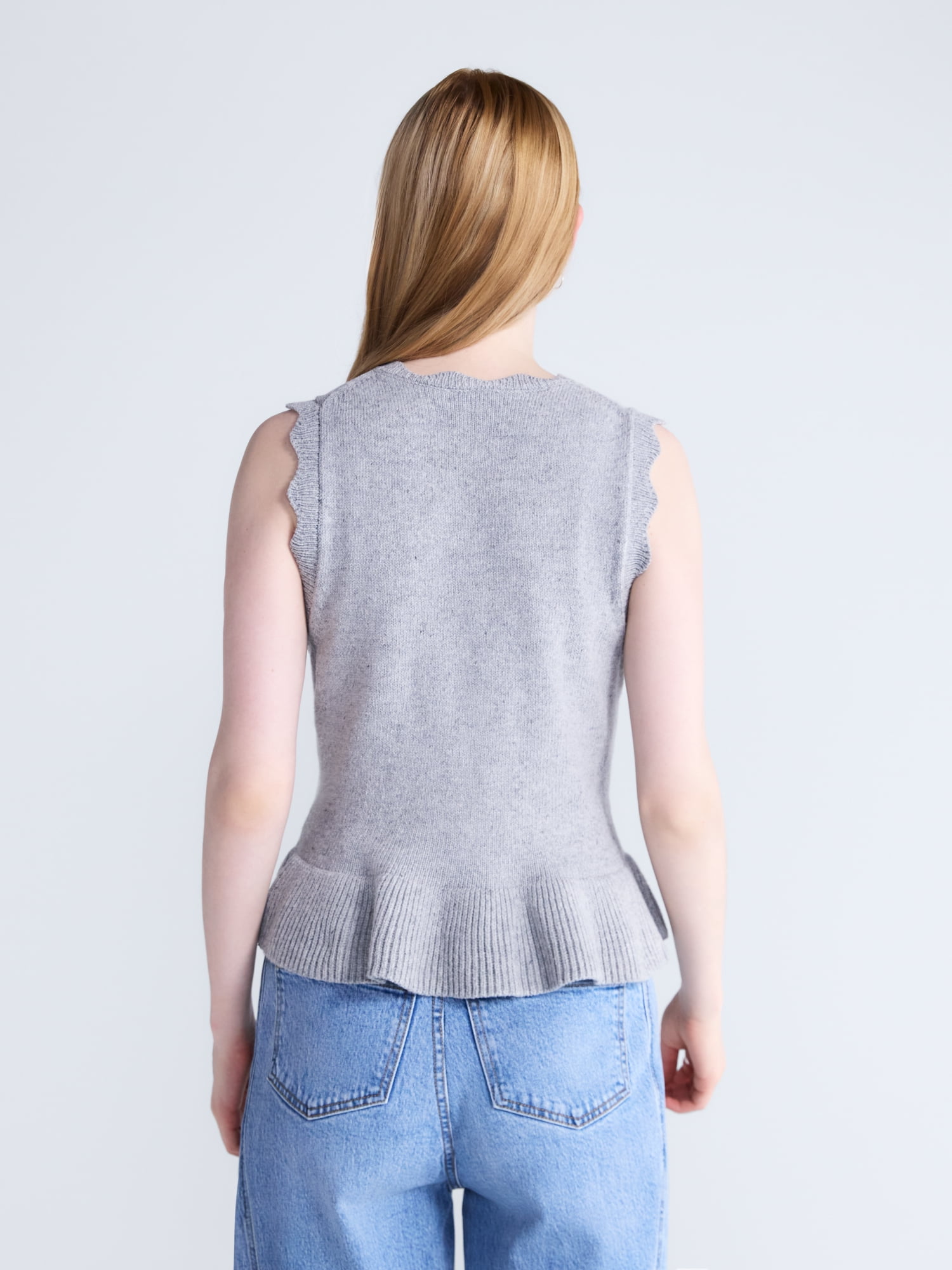 Free Assembly Women's Scalloped Trim Peplum Hem Sweater Vest, Lightweight, Sizes XS-XXL