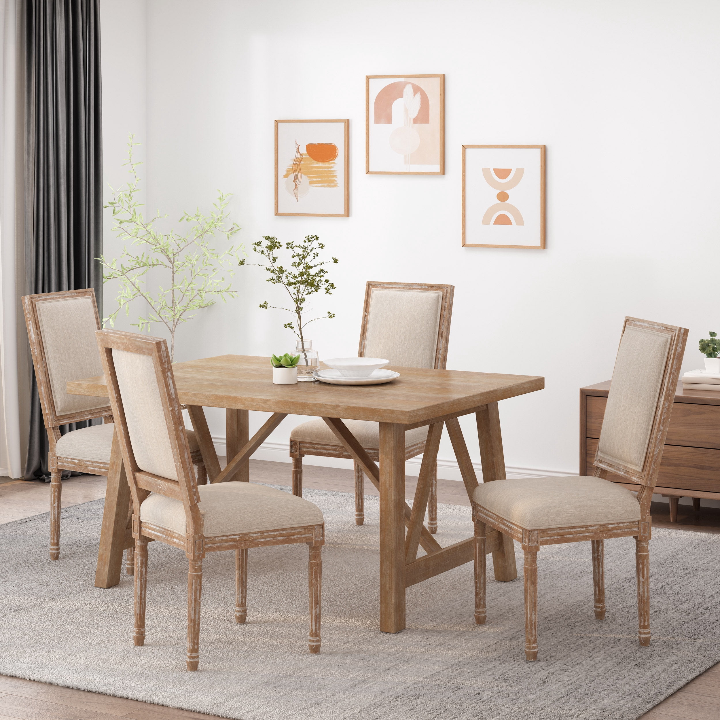 Noble House Robin French Wood Upholstered Dining Chair, Set of 4, Beige