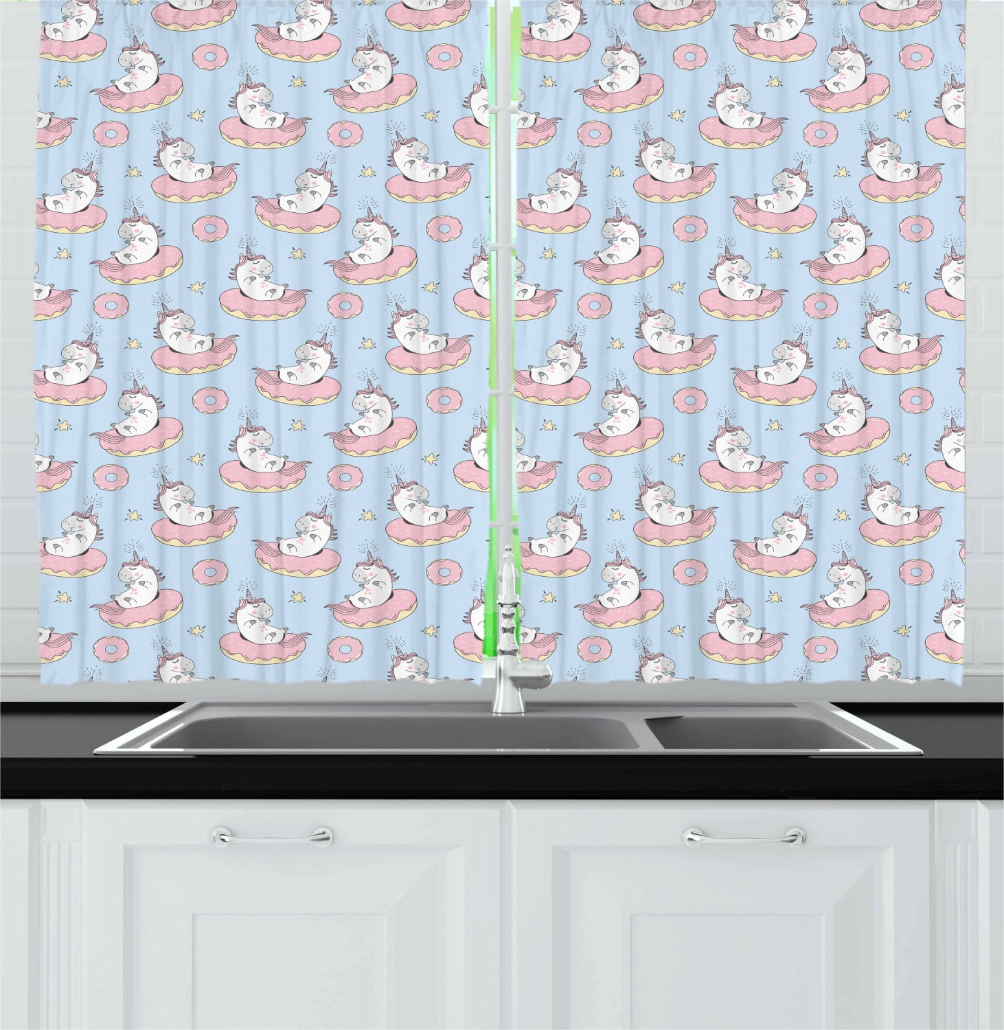 Unicorn Party Curtains 2 Panels Set, Cartoon Mythical Animals Sleeping on Doughnuts with Stars, Window Drapes for Living Room Bedroom, 55W X 39L Inches, Pale Blue Pale Pink White, by Ambesonne