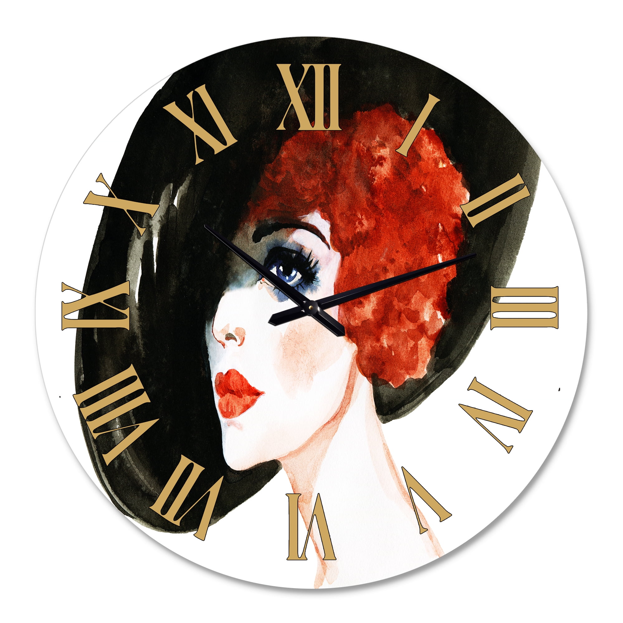 Designart 'Red Head Lady In Hat Portrait Of Woman' Modern Wall Clock