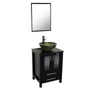 Eclife 24" Classical Bathroom Vanity Vessel Sink Set with Oil Rubbed Bronze Faucet and Mirror MDF Black Vanity and Tea Green Round Tempered Glass Sink & Solid Brass Pop Up Drain Combo