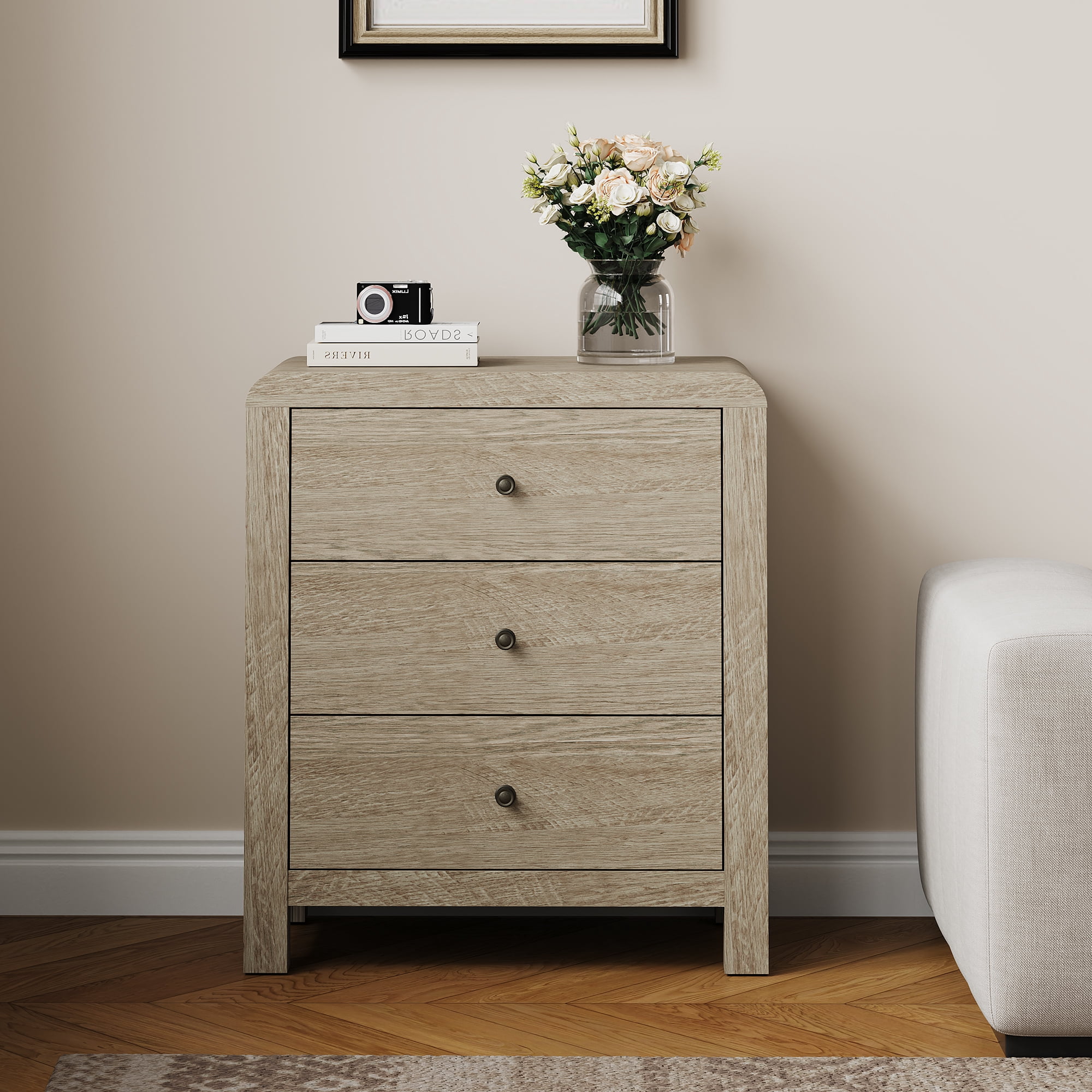 Cozy Home 3 Drawer Dresser Set of 2, Modern Chest of Drawers with Rounded Table Corners, Wooden Closet Dresser Nightstand with Ample Storage Space for Bedroom, Living Room, Entryway, Natural Oak