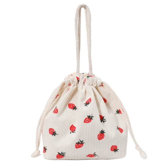 Corduroy Strawberry Bucket Bag Drawstring Closure Casual Tote Bag Chic Hobo Bag for Women Everyday College Travel (White)