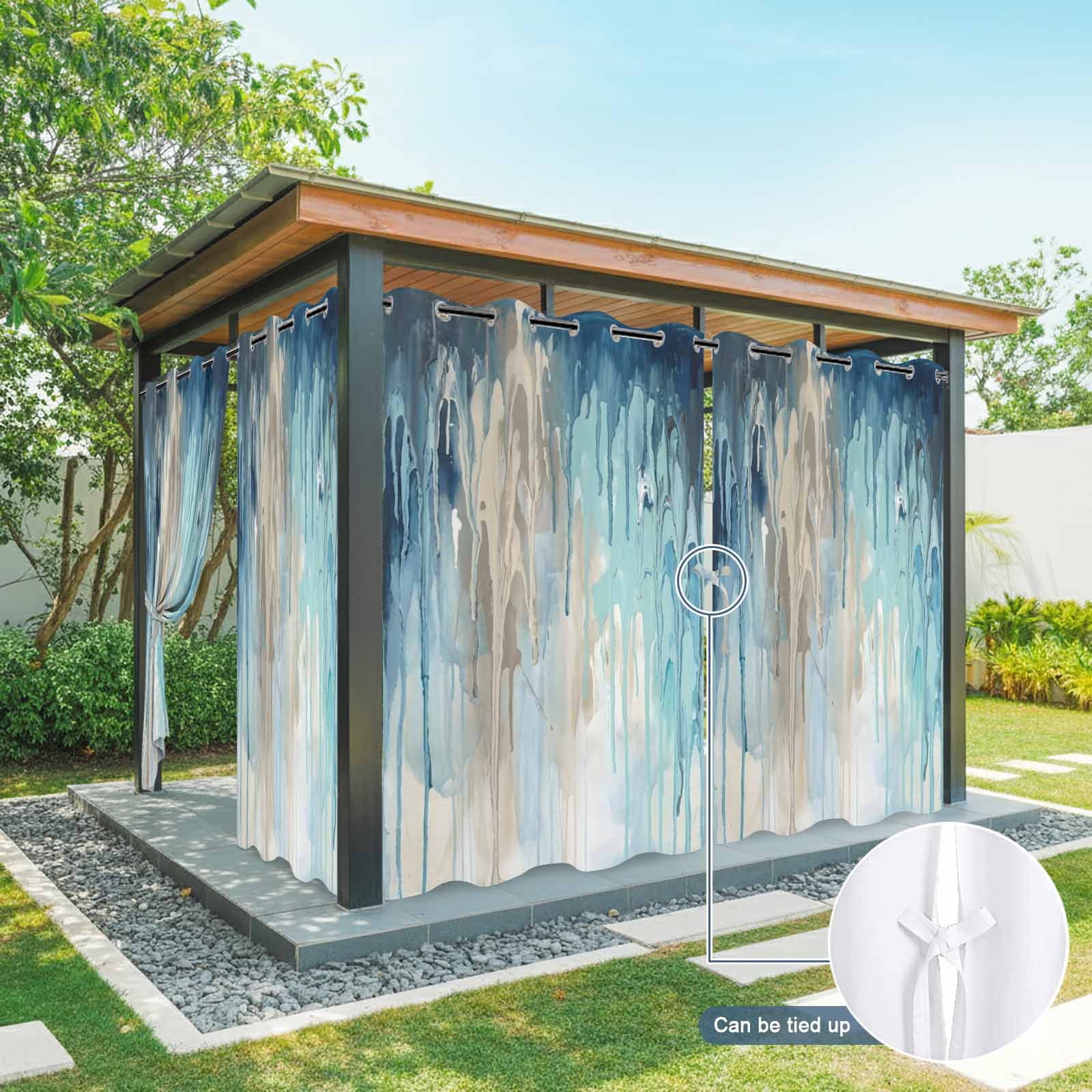 Abstract Rain Outdoor Curtains for Patio, Modern Teal Beige Blue Ocean Waves Water Drops Sunshade Privacy Drapes Grommet Waterproof Outside Curtains for Porch/Cabana/Balcony 54"x 108", 1 Panel