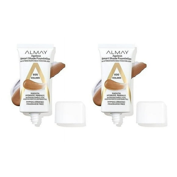 Fond de Teint Anti-âge Almay, Maquillage pour le Visage Smart Shade avec Acide Hyaluronique, Niacinamide, Vitamines C et E, Hypoallergénique – Sans Parfum, 500 Golden, 1 Fl Oz (Lot de 2)