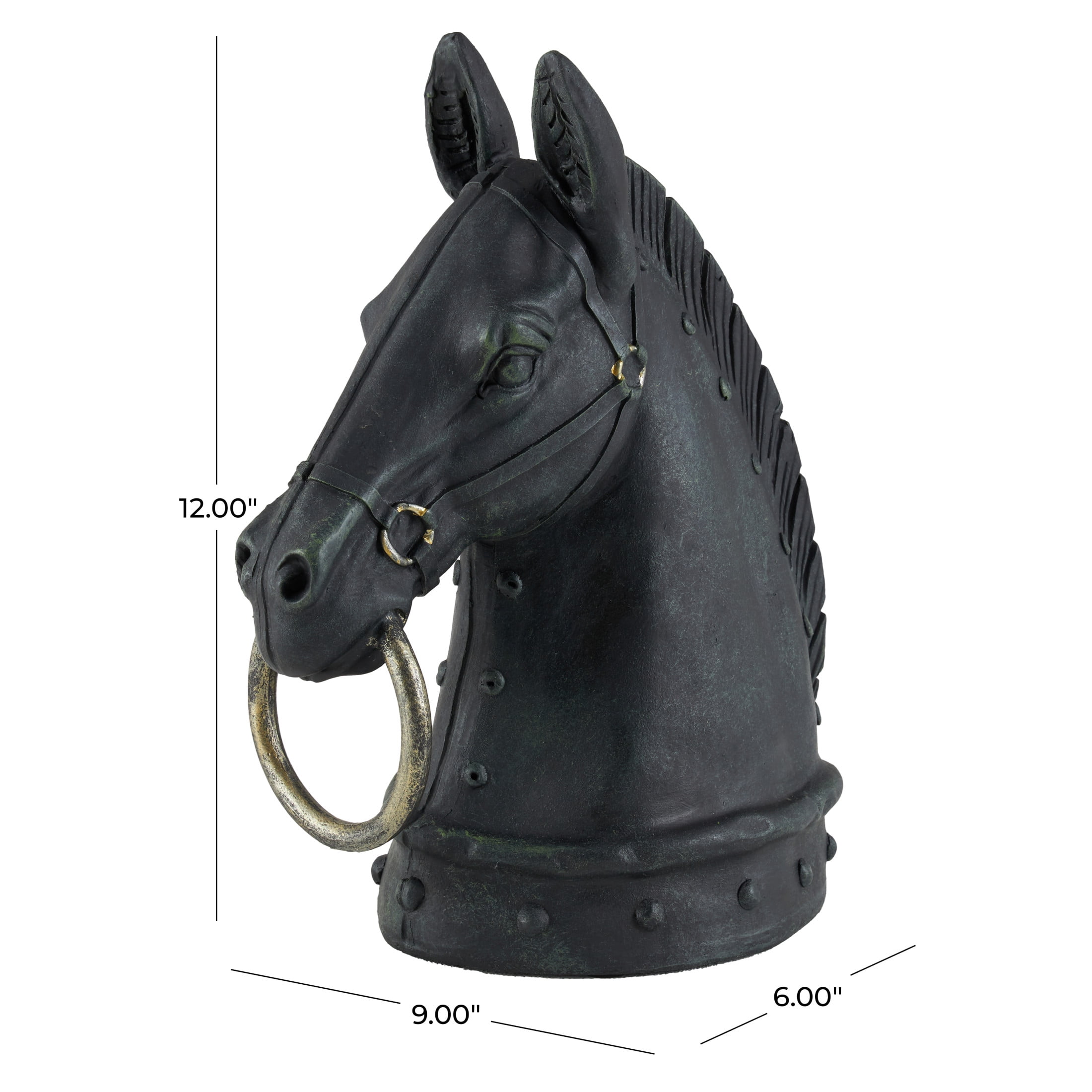 9" x 12" Black Polystone Antique Style Head Horse Sculpture with Hitching Post and Gold Accents, by DecMode