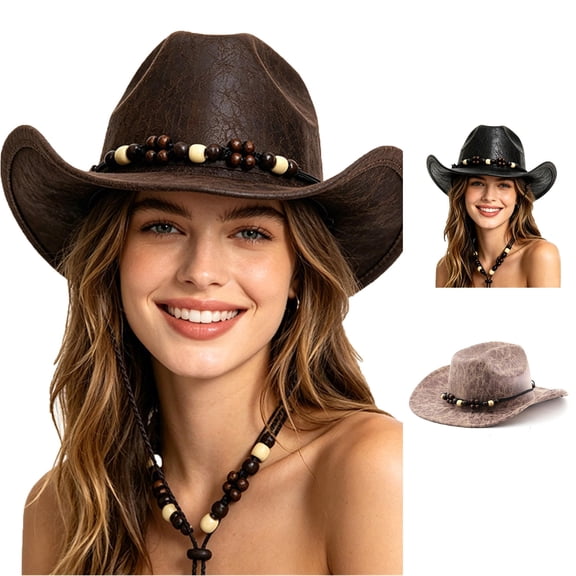 XIAOCHA Womens Solid Leather Cowboy Hat Beaded Trimming Outdoor Rodeo Wide Brim Western Hat,Coffee