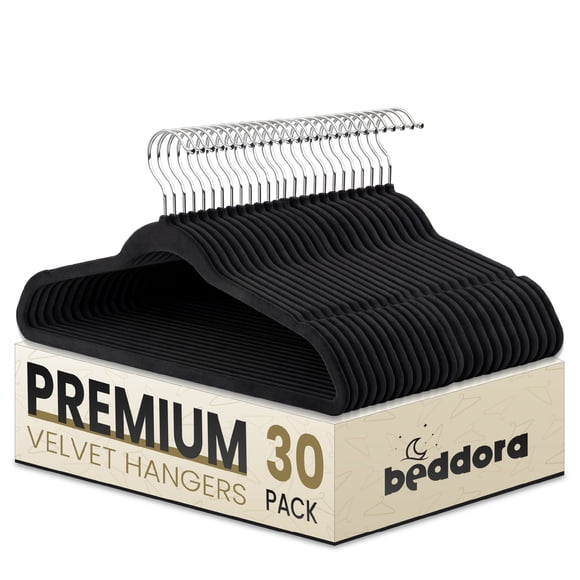 Beddora Velvet Hangers 30 Pack – Black Heavy Duty Adult Unisex Coat & Clothes Hangers, Non-Slip Felt Closet Hangers, Space Saving for Shirts, Jackets, Dresses & Suits