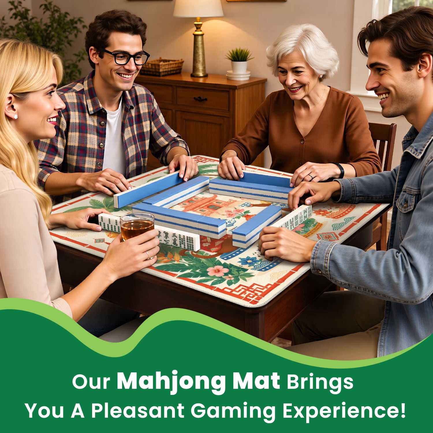 Mahjong Mat 31.5" x 31.5" Whimsical Monkeys Tea Party Oriental Garden Pink Pagoda Palm Trees Non-Slip Noise Reduction Chic Portable Gaming Table Cover for Family Game Night & Gift