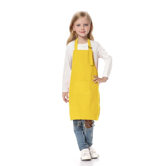TOPTIE Kids Aprons with Pocket & Adjustable Strap, Child Chef Bib Apron for Kitchen Cooking Baking Painting-Yellow-L