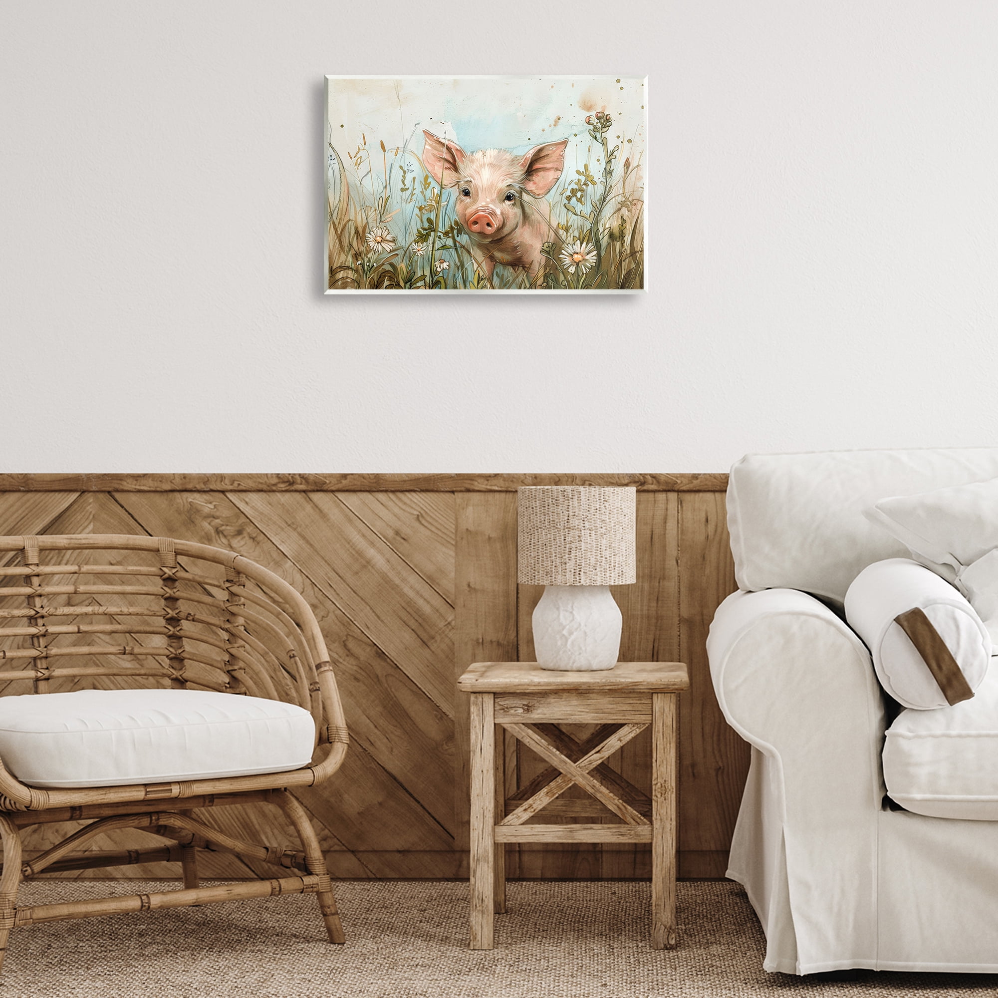 Stupell Industries Piglet Among Flowers Animals & Insects Painting Unframed Art Print Wall Art, 19 x 13