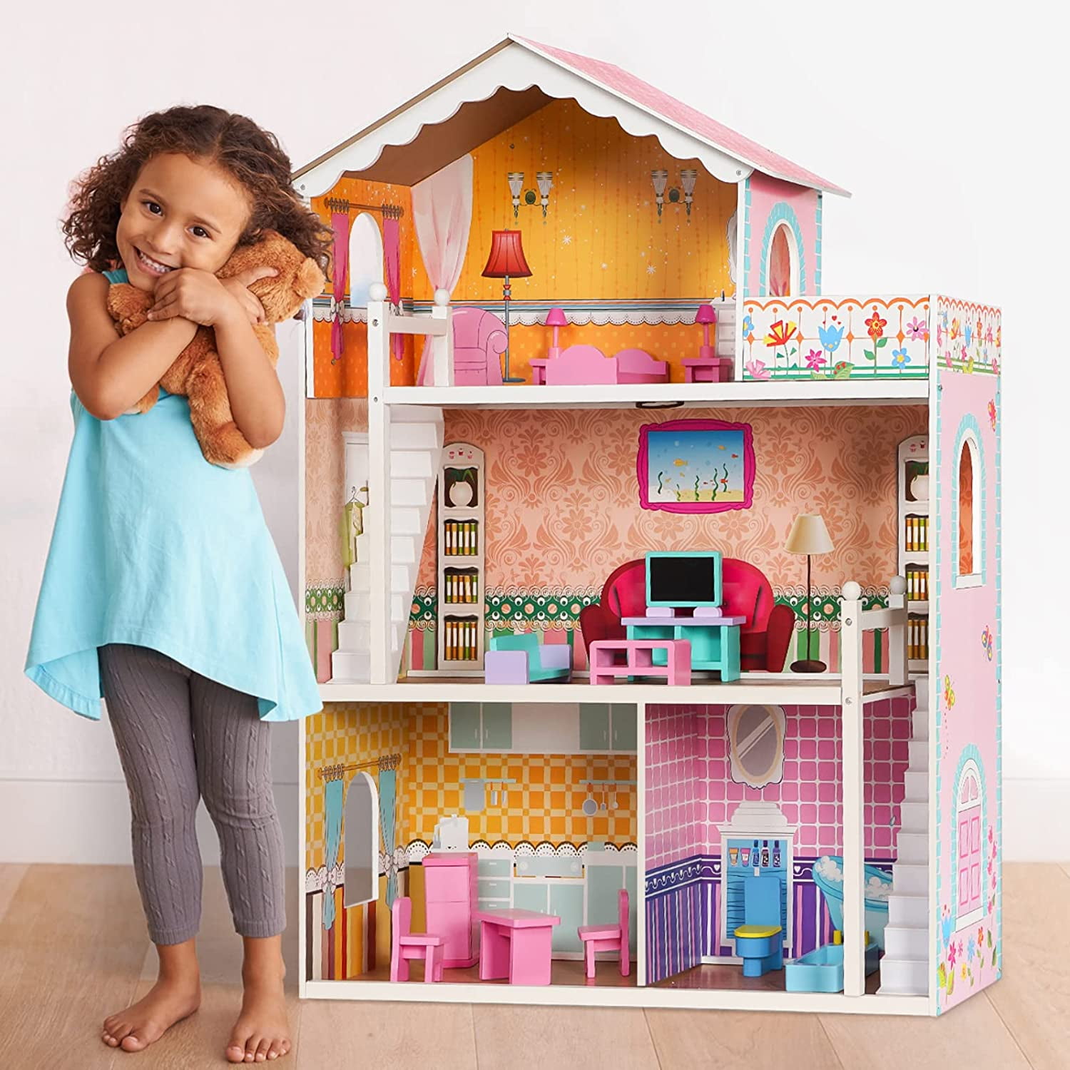 ROBUD Wooden Dollhouse for Kids 3-12 Years with Furniture 3ft Tall 3-Storey Preschool Dollhouse Playset Toy Dollhouse for Girls 