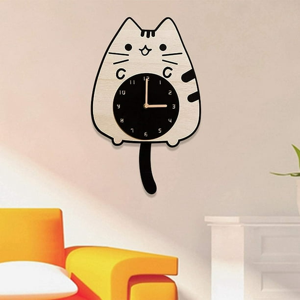 Relojes de gato con cola oscilante y ojos Reloj de dibujos animados de madera Reloj de pared oscilante silencioso creativo con cola que mueve el gato