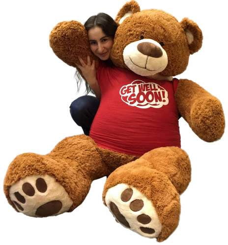 5 Foot Giant Teddy Bear 60 Inches Soft Cinnamon Brown Color Wears GET WELL SOON T-shirt