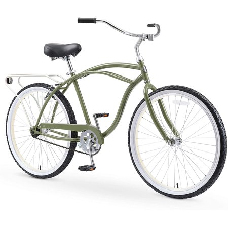 sixthreezero Around the Block Men's 26 In. Single Speed New Beach Cruiser Bicycle with Rear Rack, Olive Oat