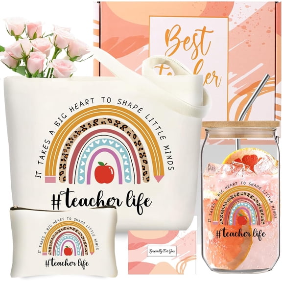 Teacher Appreciation Gifts for Women, Unique Teacher Christmas Gift, 16oz Glass Cup, Teachers Canvas Tote Bag Basket Box for Teachers Birthday Gift, Thank You Gifts