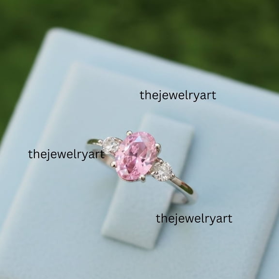 thejewelryart Handmade Oval-Shaped Pink Sapphire Anniversary Ring, 925 Sterling Silver, September Birthstone, CZ Diamond Accents Silver 3